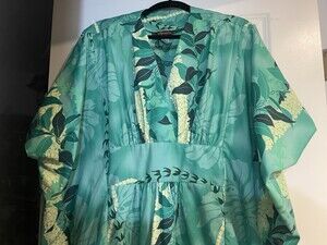 Vintage Tropical Eve Hawaii Muu Muu Kaftan Maxi Dress Green Kimono OS Floral